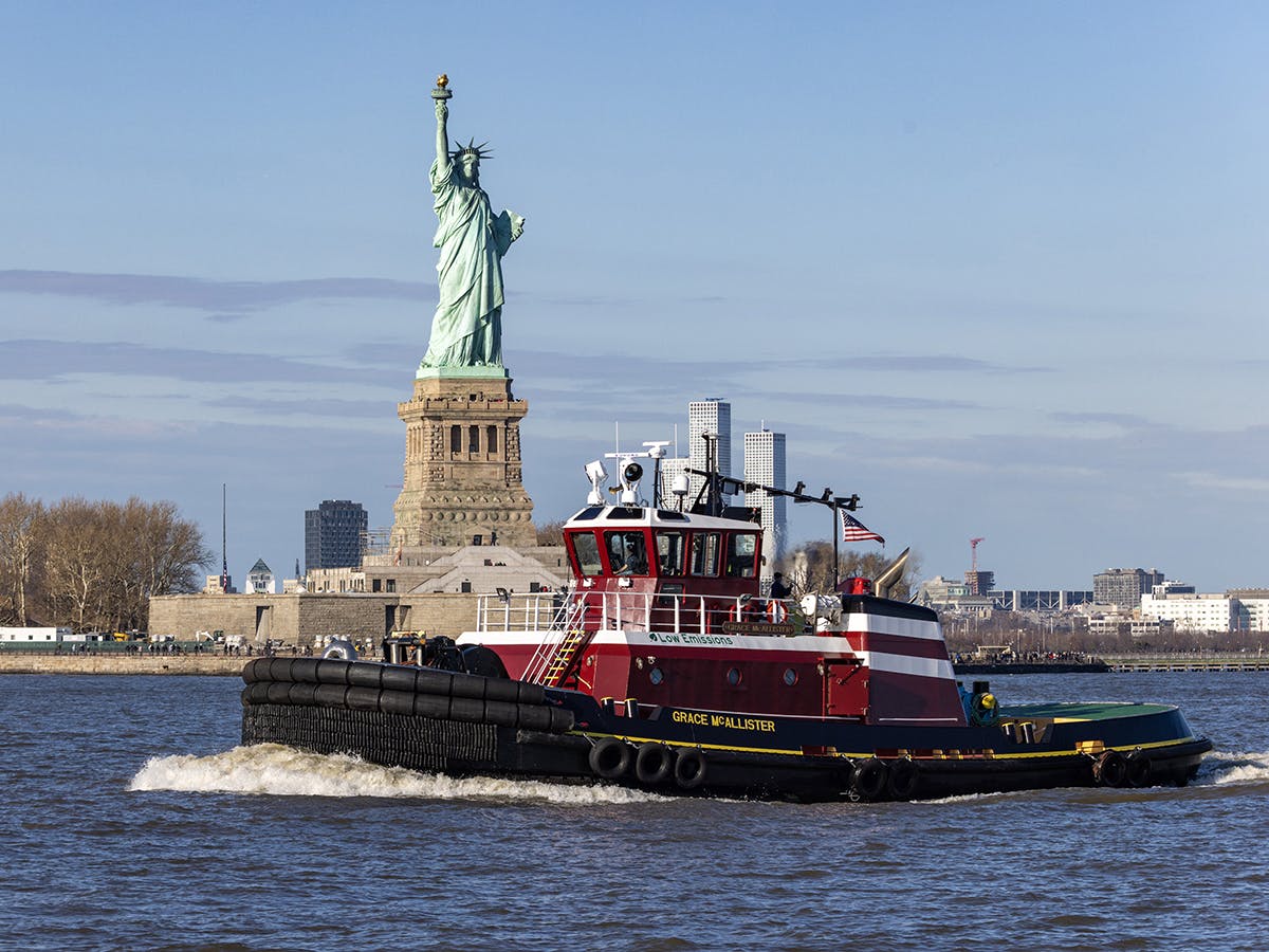 The low emission tractor tug Grace McAllister arrives in New York harbor.